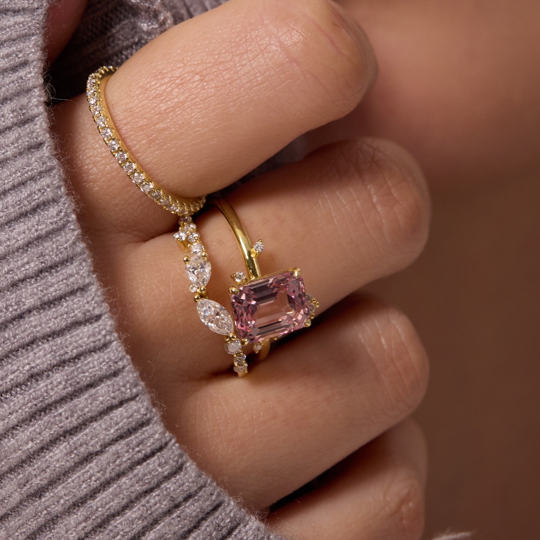 Morganite Pink Constellation Cluster Ring - Emerald Cut