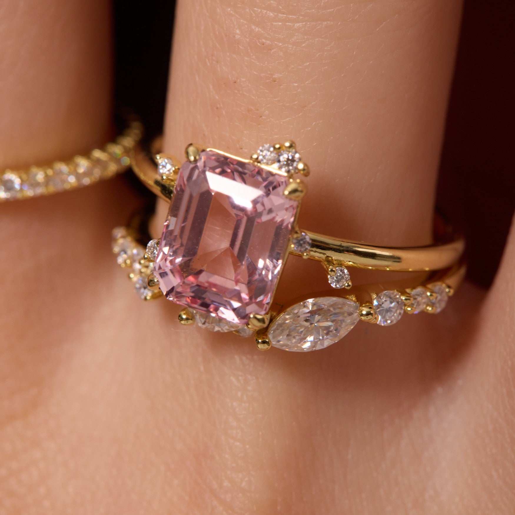 Morganite Pink Constellation Cluster Ring - Emerald Cut