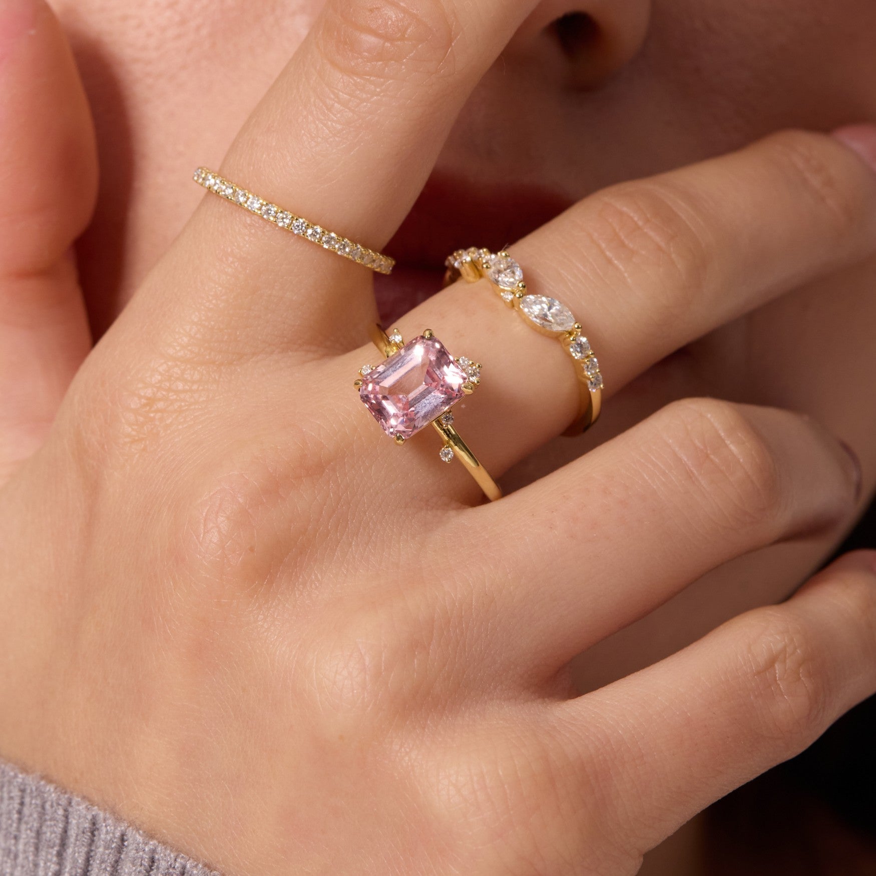 Morganite Pink Constellation Cluster Ring - Emerald Cut