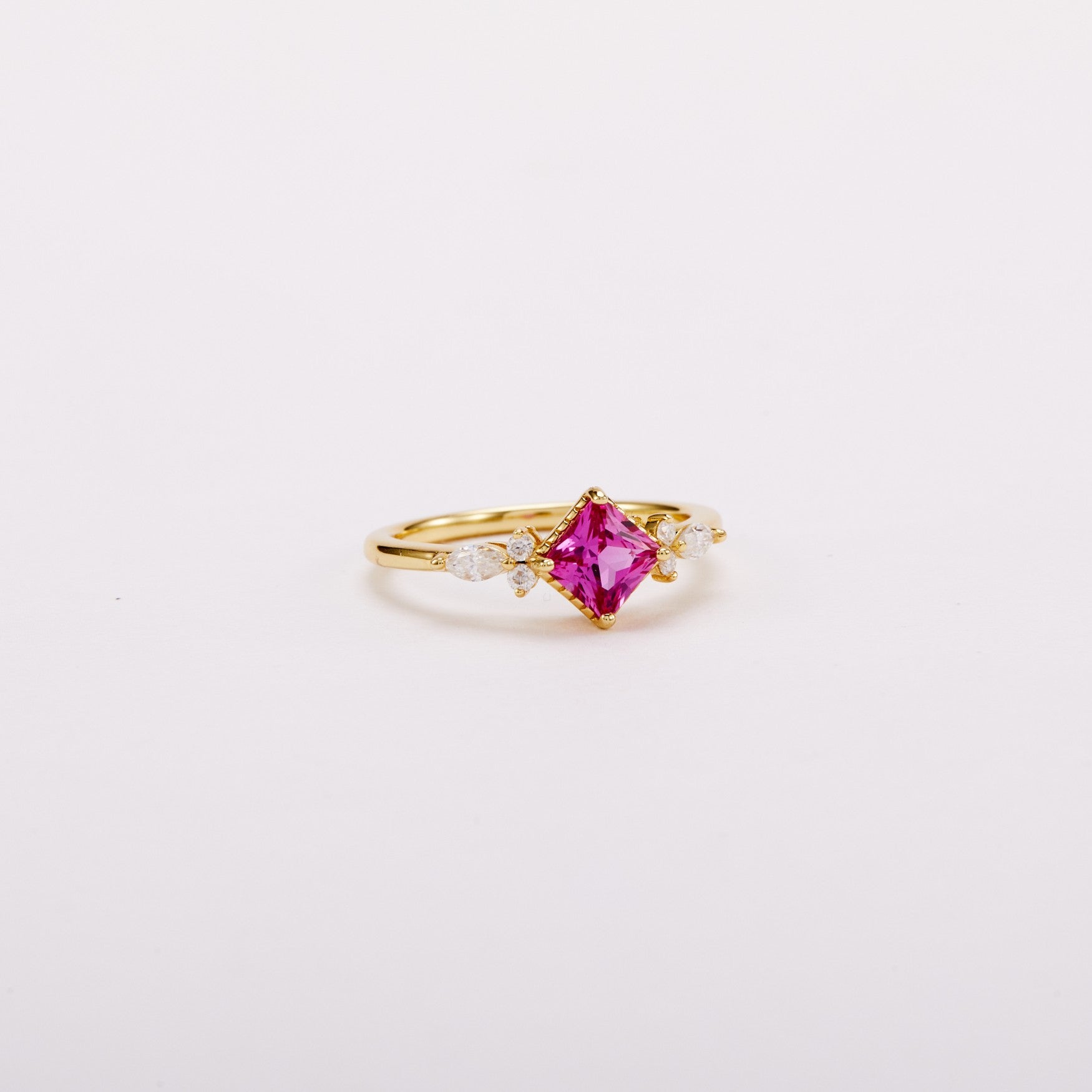 Rubellite Pink Princess-cut Sapphire Unfolding Wings Cluster Ring