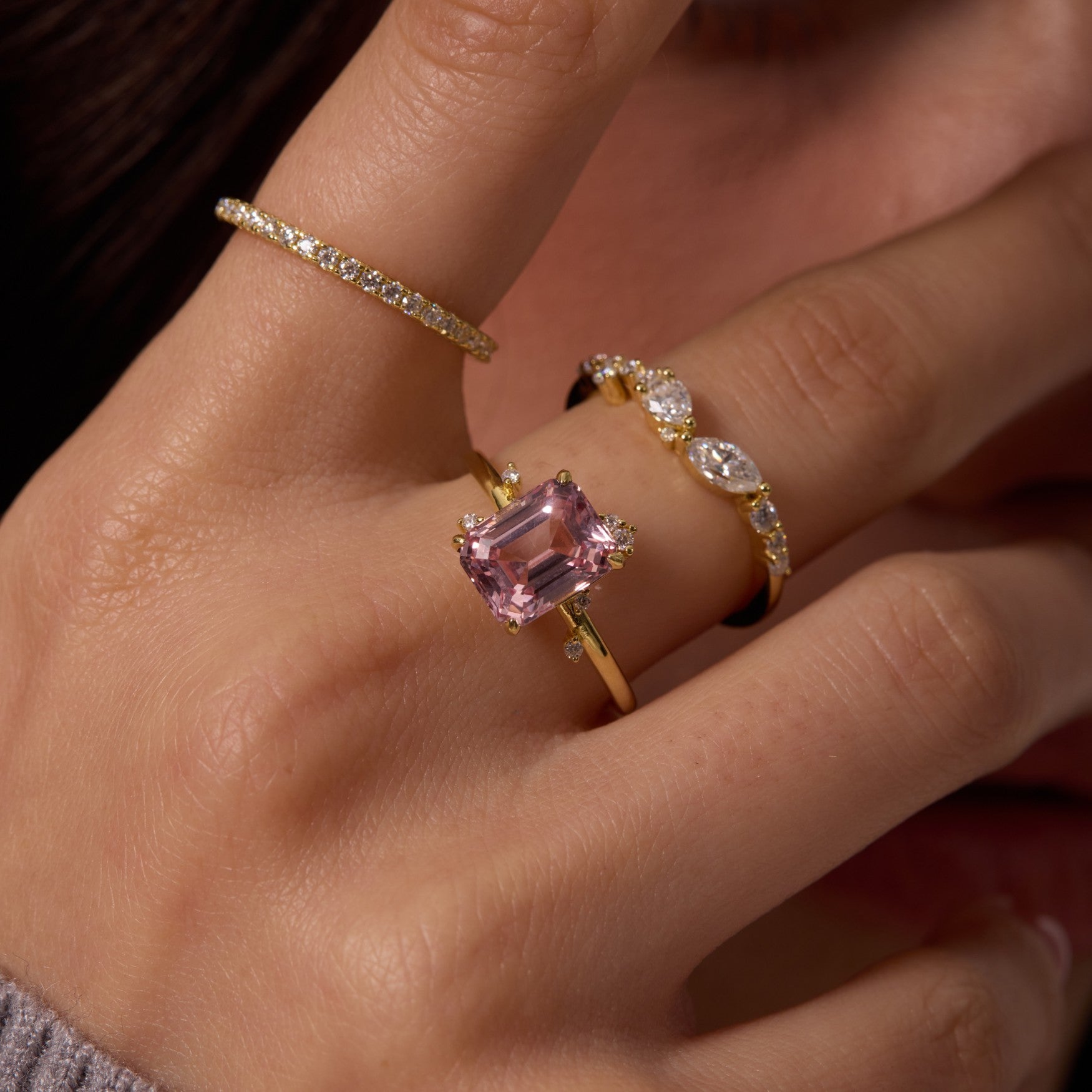 Morganite Pink Constellation Cluster Ring - Emerald Cut