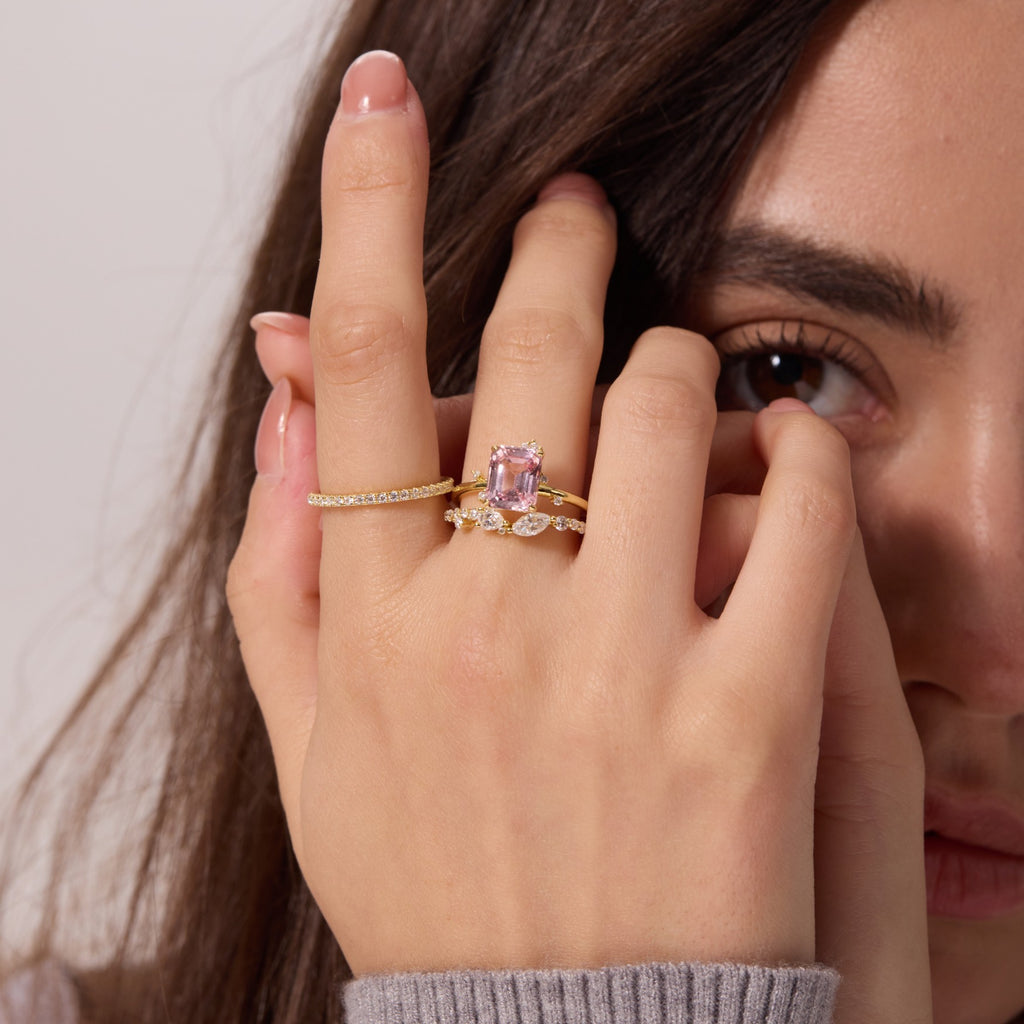 Morganite Pink Constellation Cluster Ring - Emerald Cut