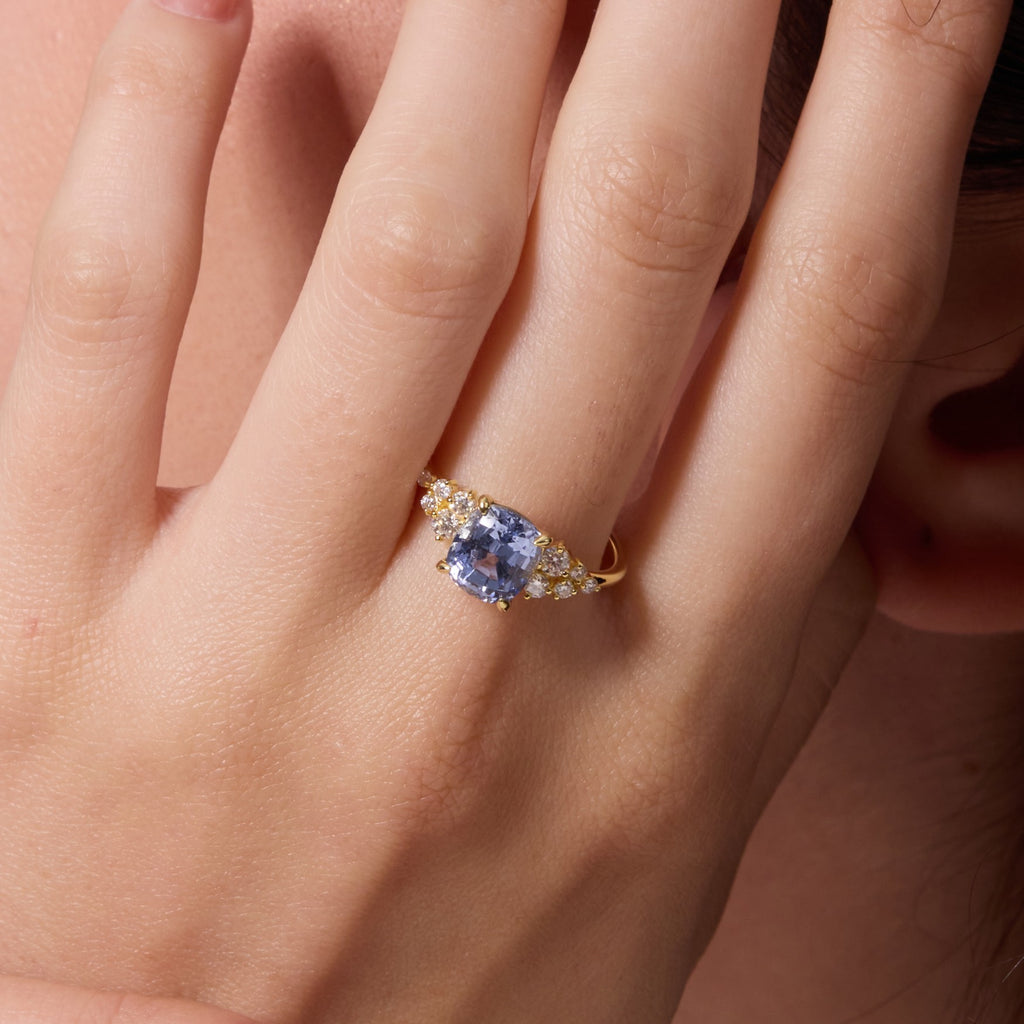 Misty Cornflower Bloom Cluster Ring - Cushion Brilliant