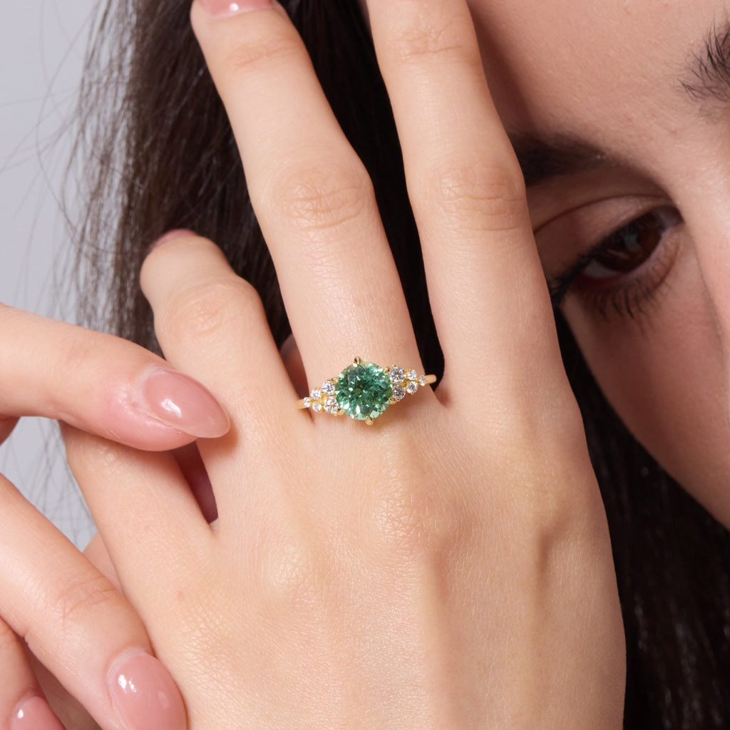 Vivid Mint Green Bloom Cluster Ring - Round Brilliant