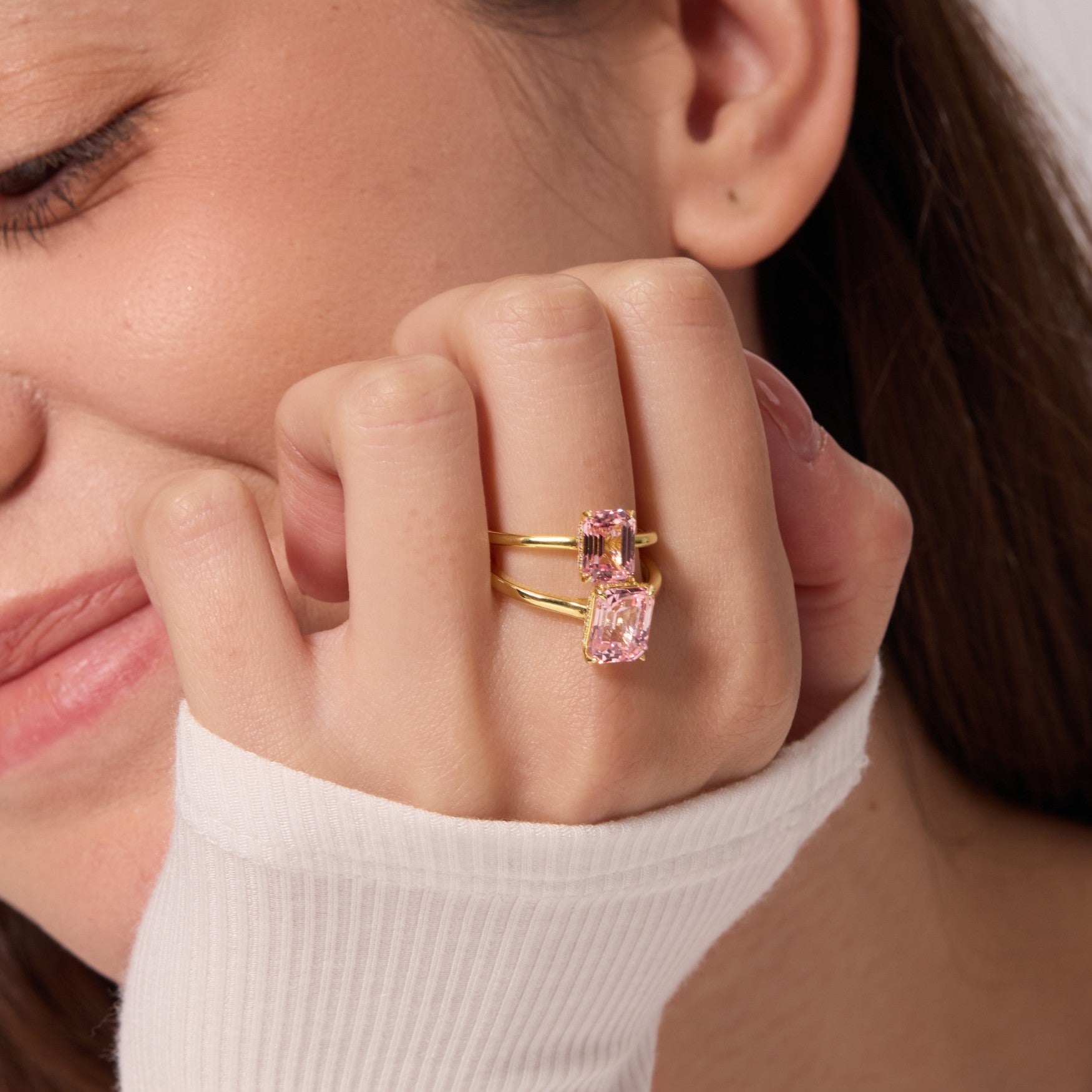 Morganite Pink Solitaire Ring - Emerald Cut
