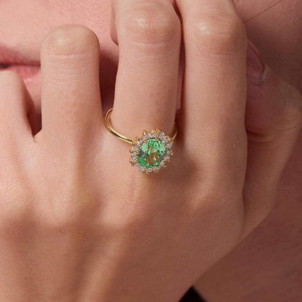 Vivid Mint Green Bud Halo Ring - Oval Brilliant