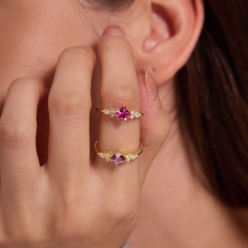 Rubellite Pink Princess-cut Sapphire Unfolding Wings Cluster Ring