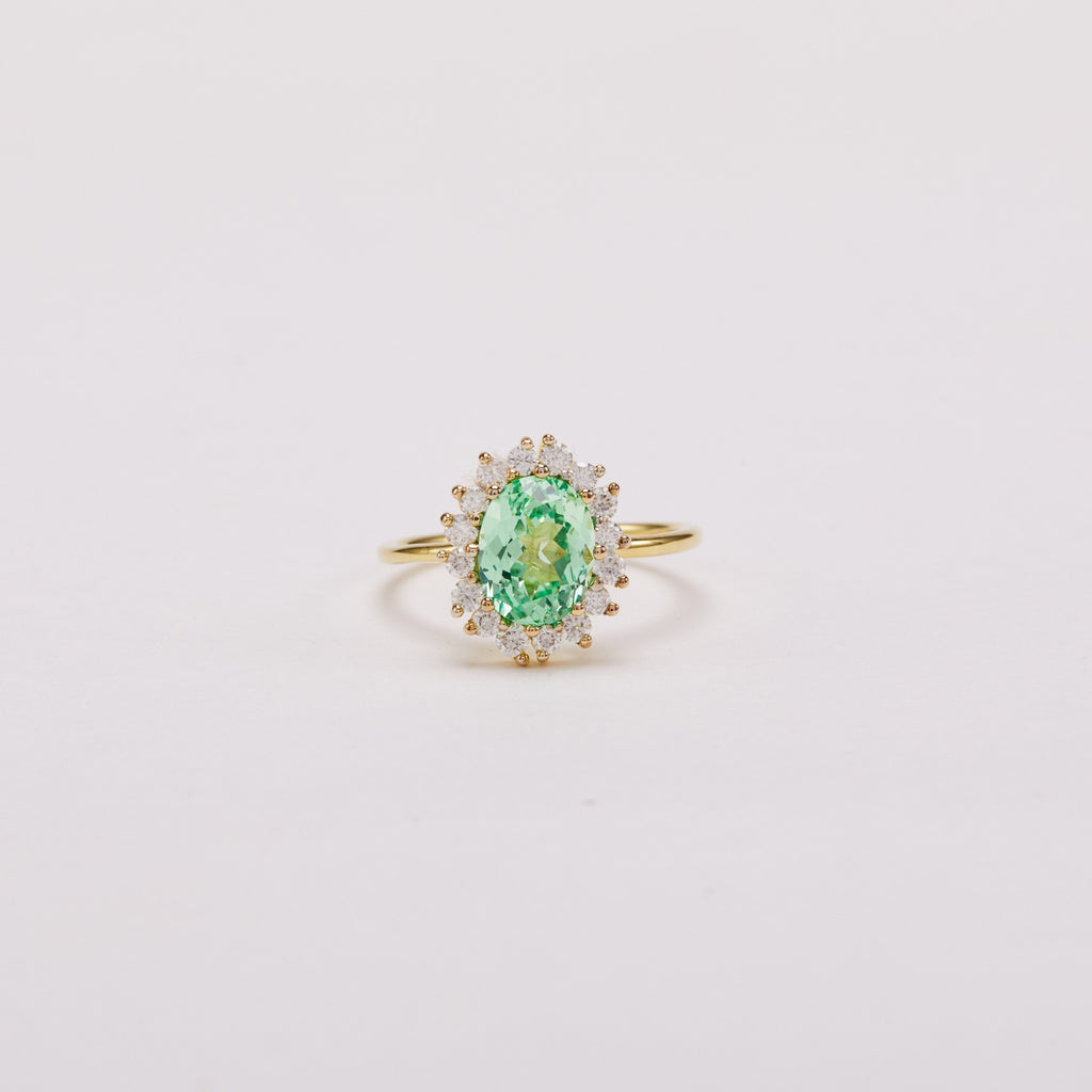 Vivid Mint Green Bud Halo Ring - Oval Brilliant