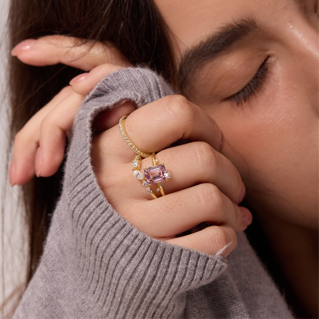 Morganite Pink Constellation Cluster Ring - Emerald Cut