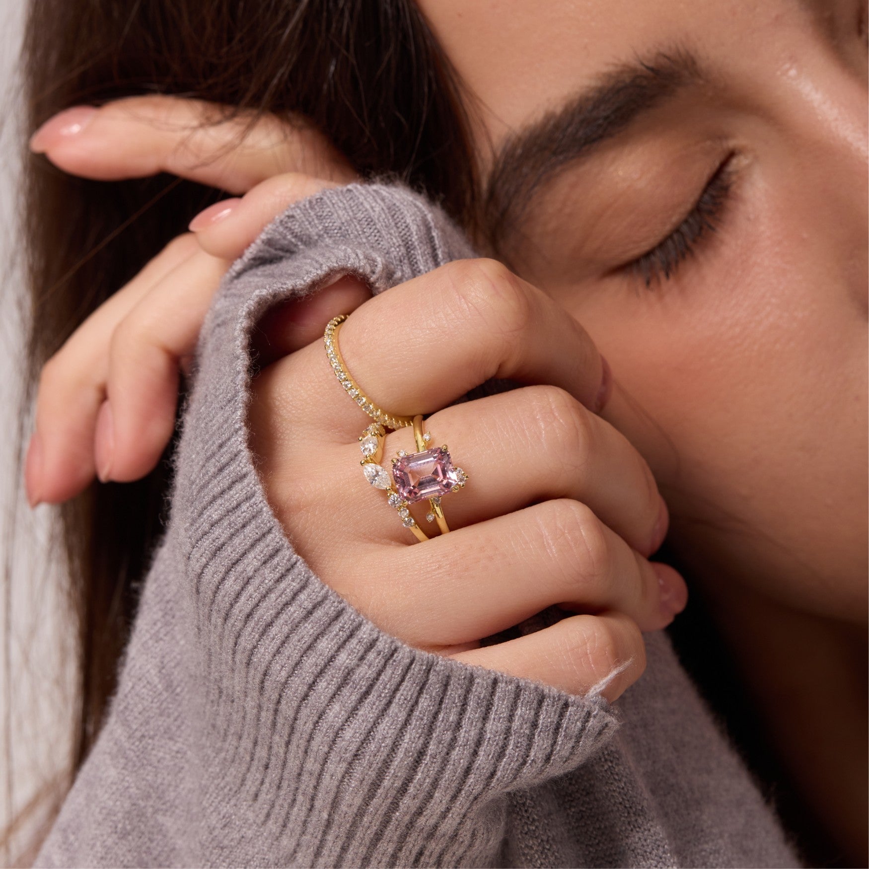 Morganite Pink Constellation Cluster Ring - Emerald Cut