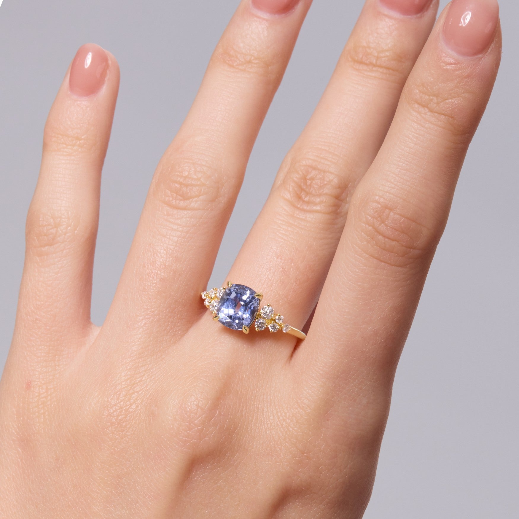 Misty Cornflower Bloom Cluster Ring - Cushion Brilliant