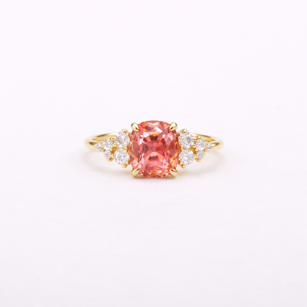 Padparadscha Bloom Cluster Ring - Cushion Step Cut