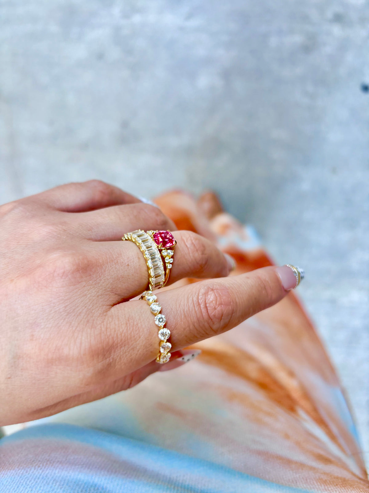 Peach Glow Bloom Cluster Ring with Emerald-cut Moissanite Eternity Band and Grand Eternity Band in 14k gold vermeil