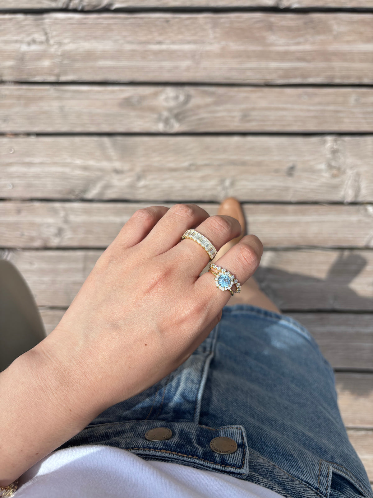 Blue Hour Bud Halo Ring with Slim Eternity Band and Emerald-cut Moissanite Eternity Band in gold vermeil
