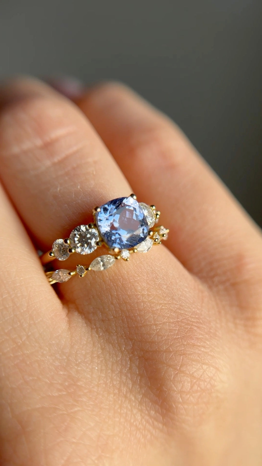 Mist Blue Five-Stone Ring — Cushion Brilliant worn in gold vermeil
