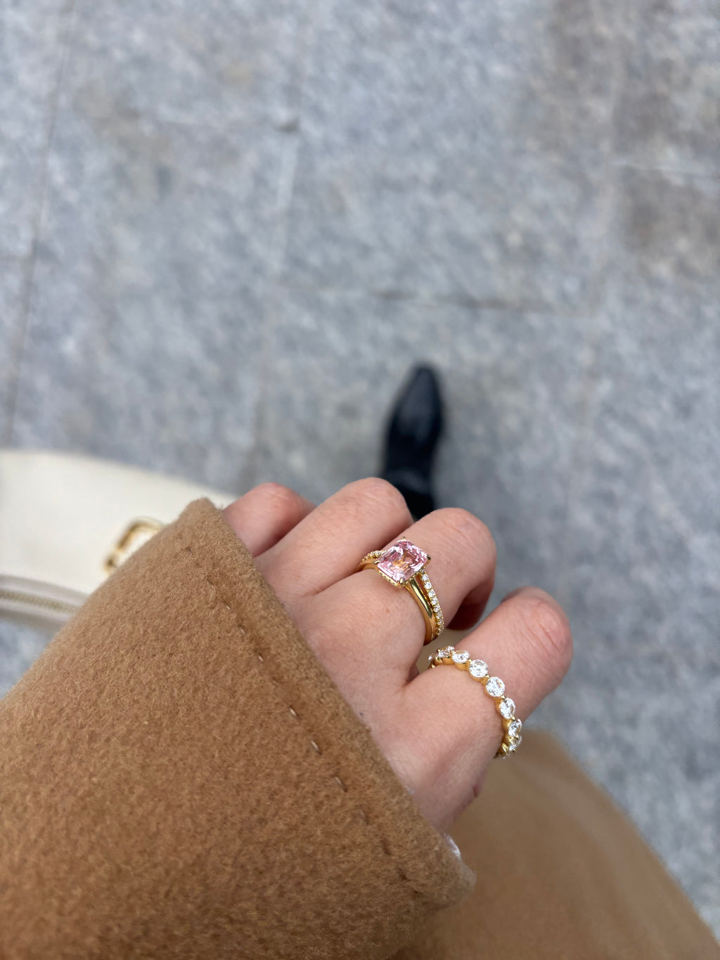 Ballet Pink Solitaire Ring with V-shape Stacking Ring and Grand Eternity Band in gold vermeil