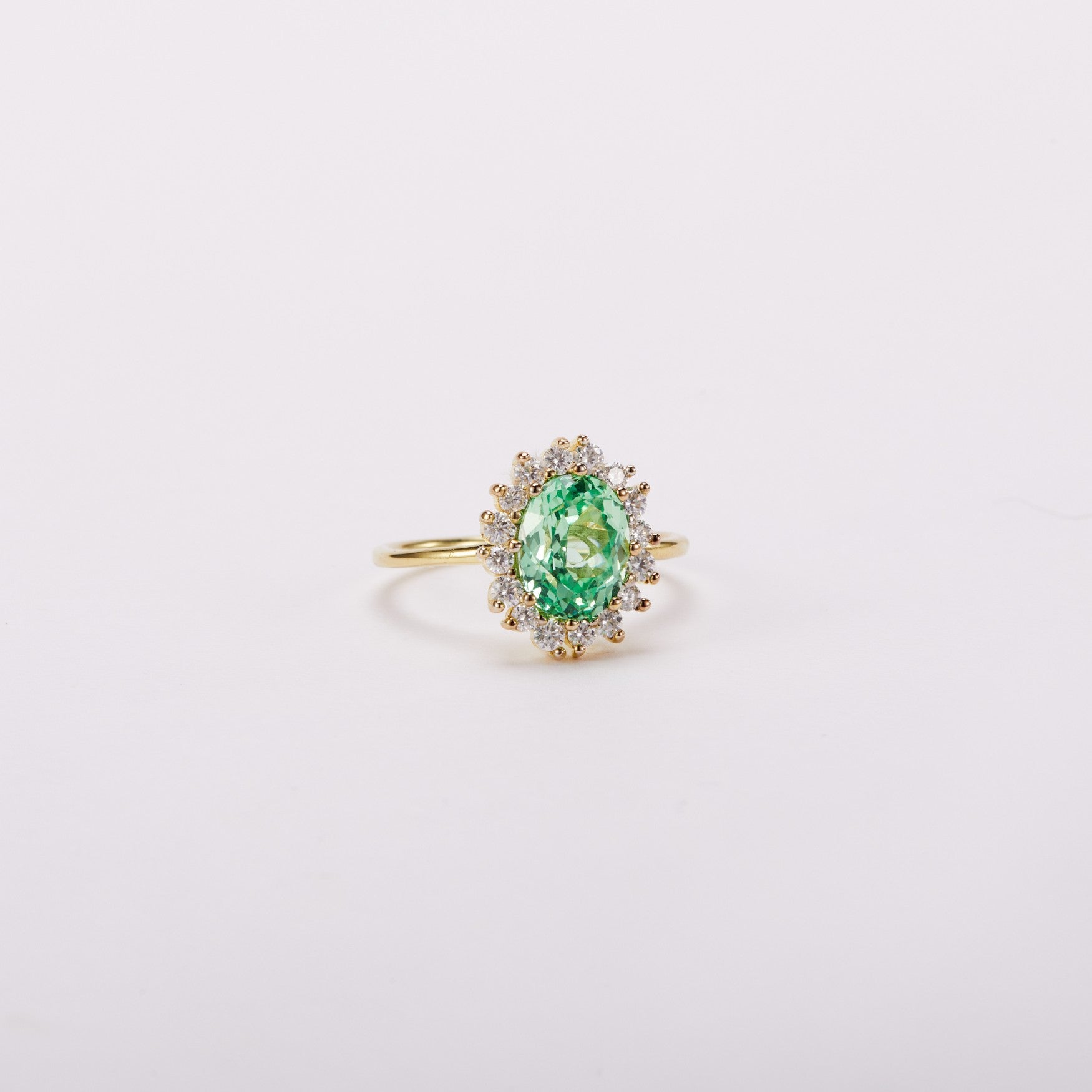 Vivid Mint Green Bud Halo Ring - Oval Brilliant