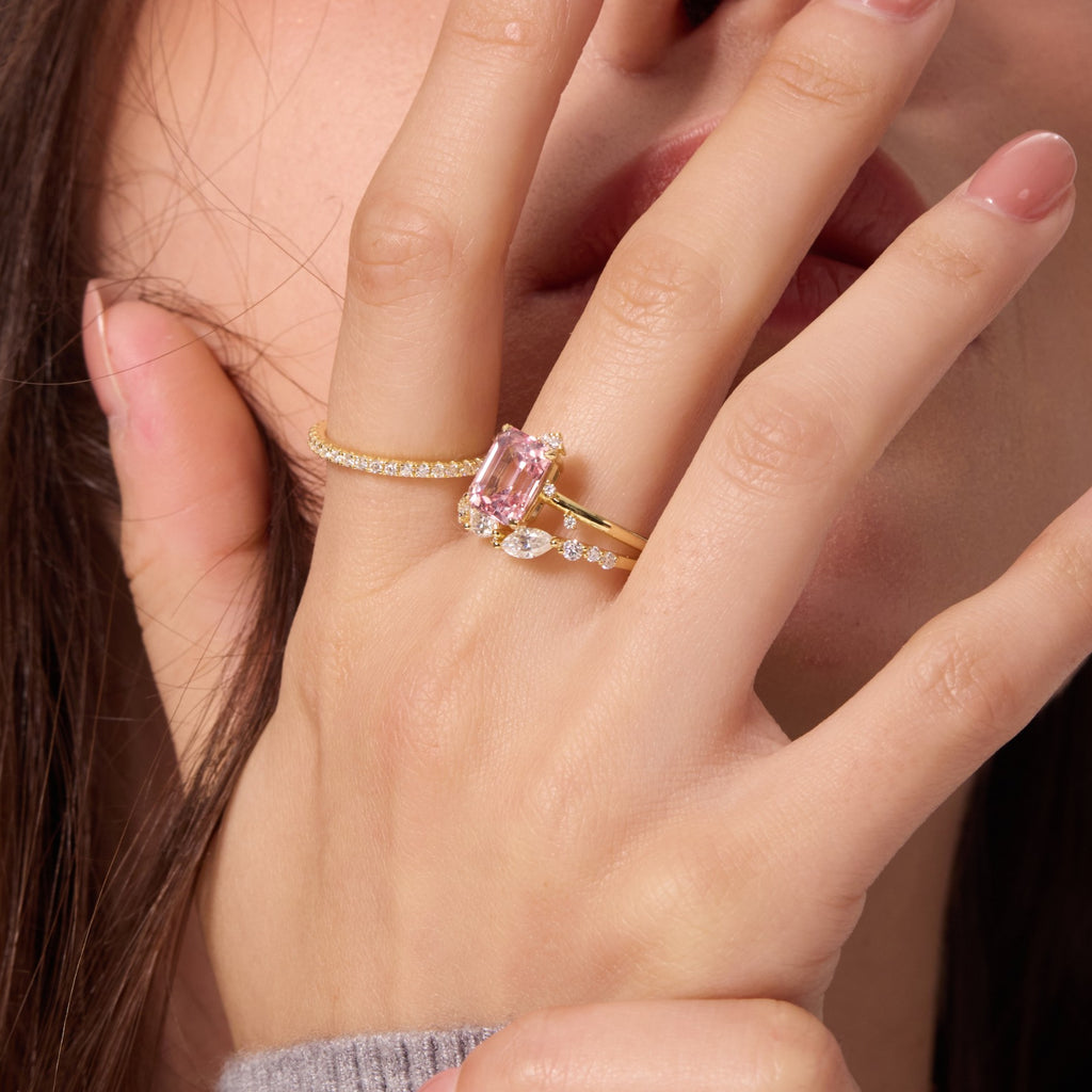 Morganite Pink Constellation Cluster Ring - Emerald Cut