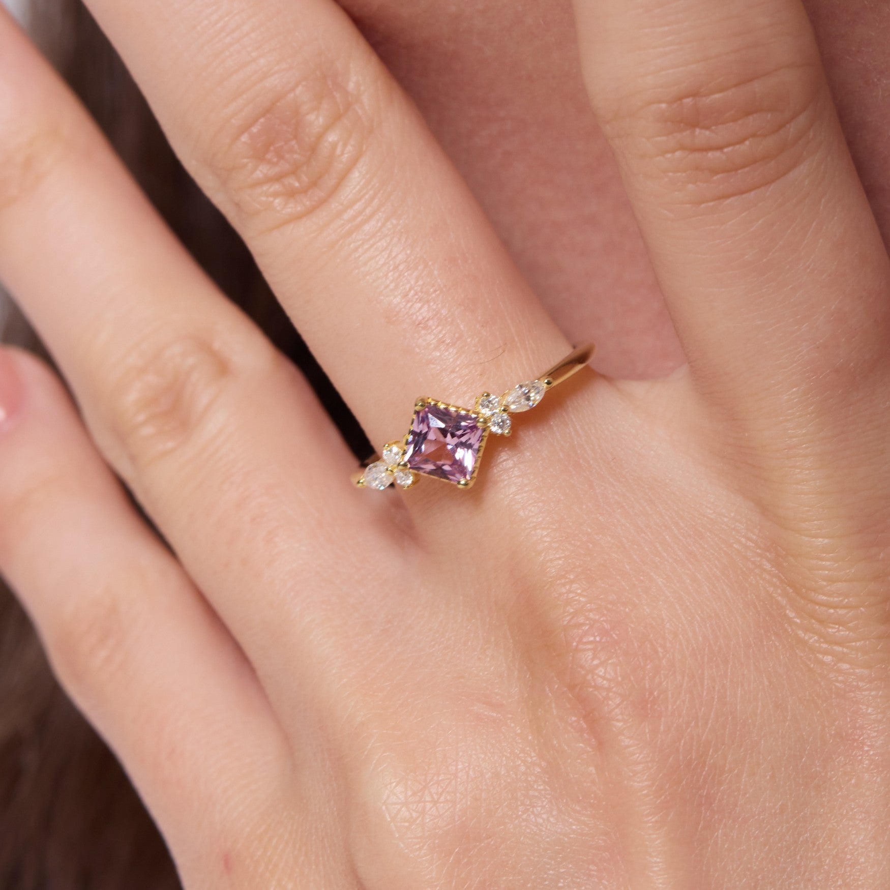 Lilac Princess-cut Sapphire Unfolding Wings Cluster Ring