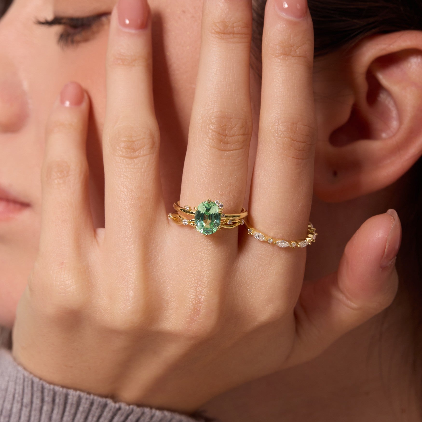 Vivid Mint Green Constellation Cluster Ring - Oval Step Cut Secondary image