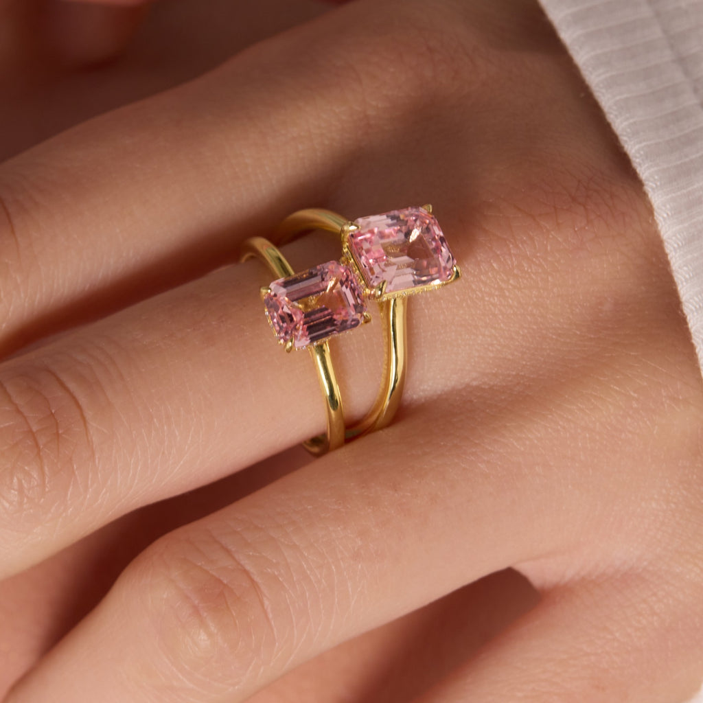 Morganite Pink Solitaire Ring - Emerald Cut