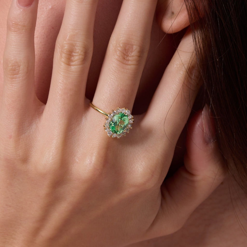 Vivid Mint Green Bud Halo Ring - Oval Brilliant