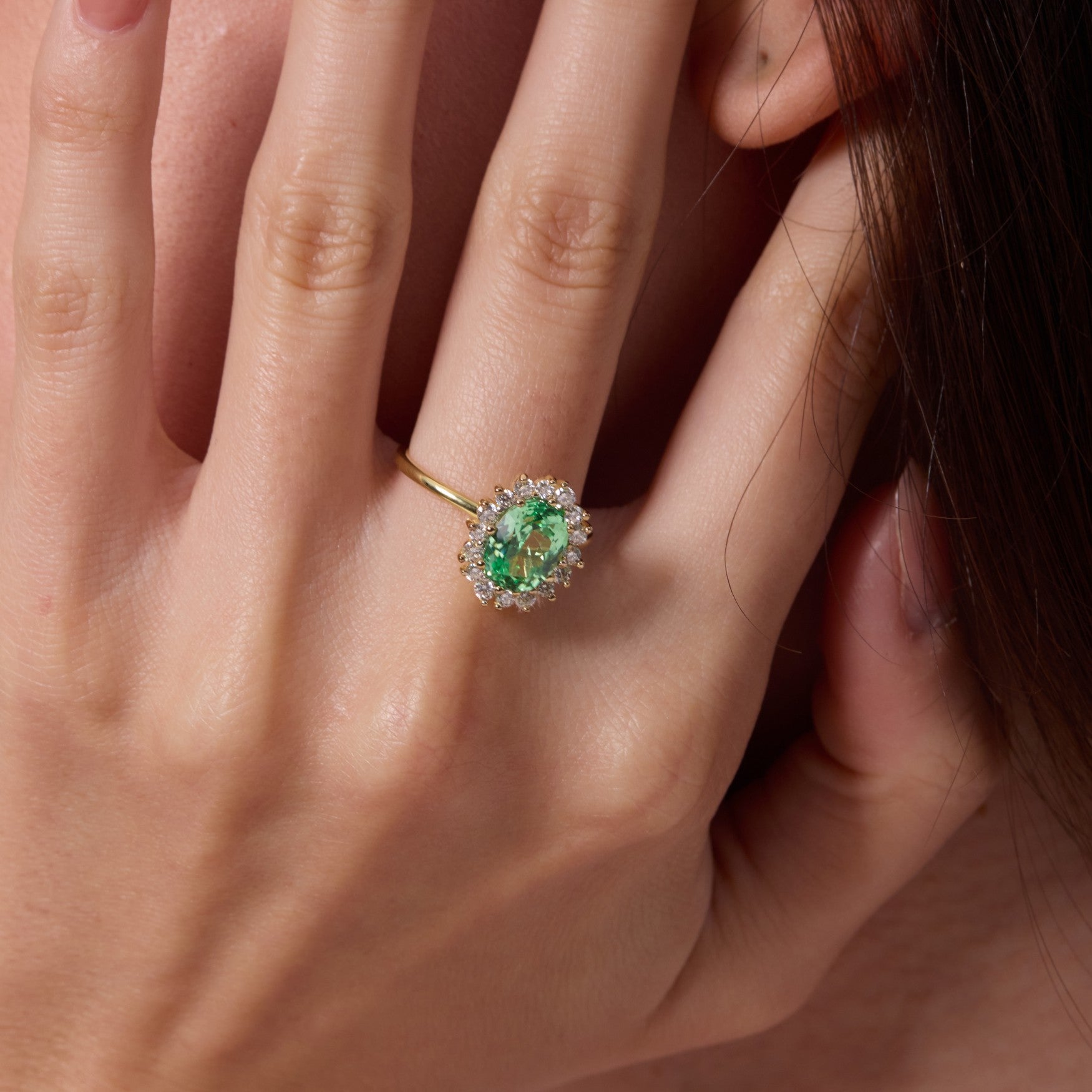 Vivid Mint Green Bud Halo Ring - Oval Brilliant