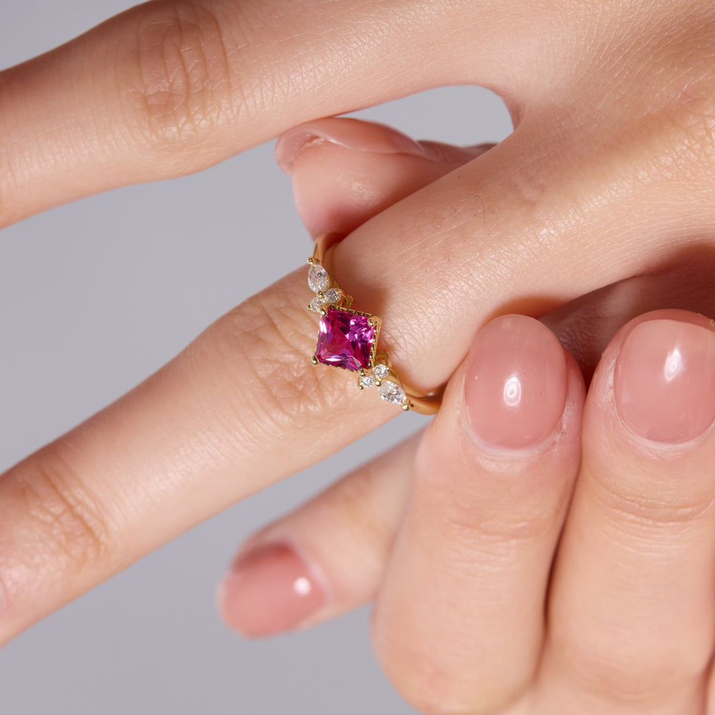 Rubellite Pink Princess-cut Sapphire Unfolding Wings Cluster Ring