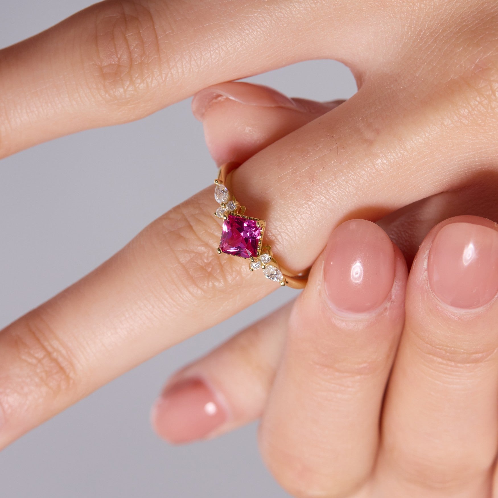 Rubellite Pink Princess-cut Sapphire Unfolding Wings Cluster Ring