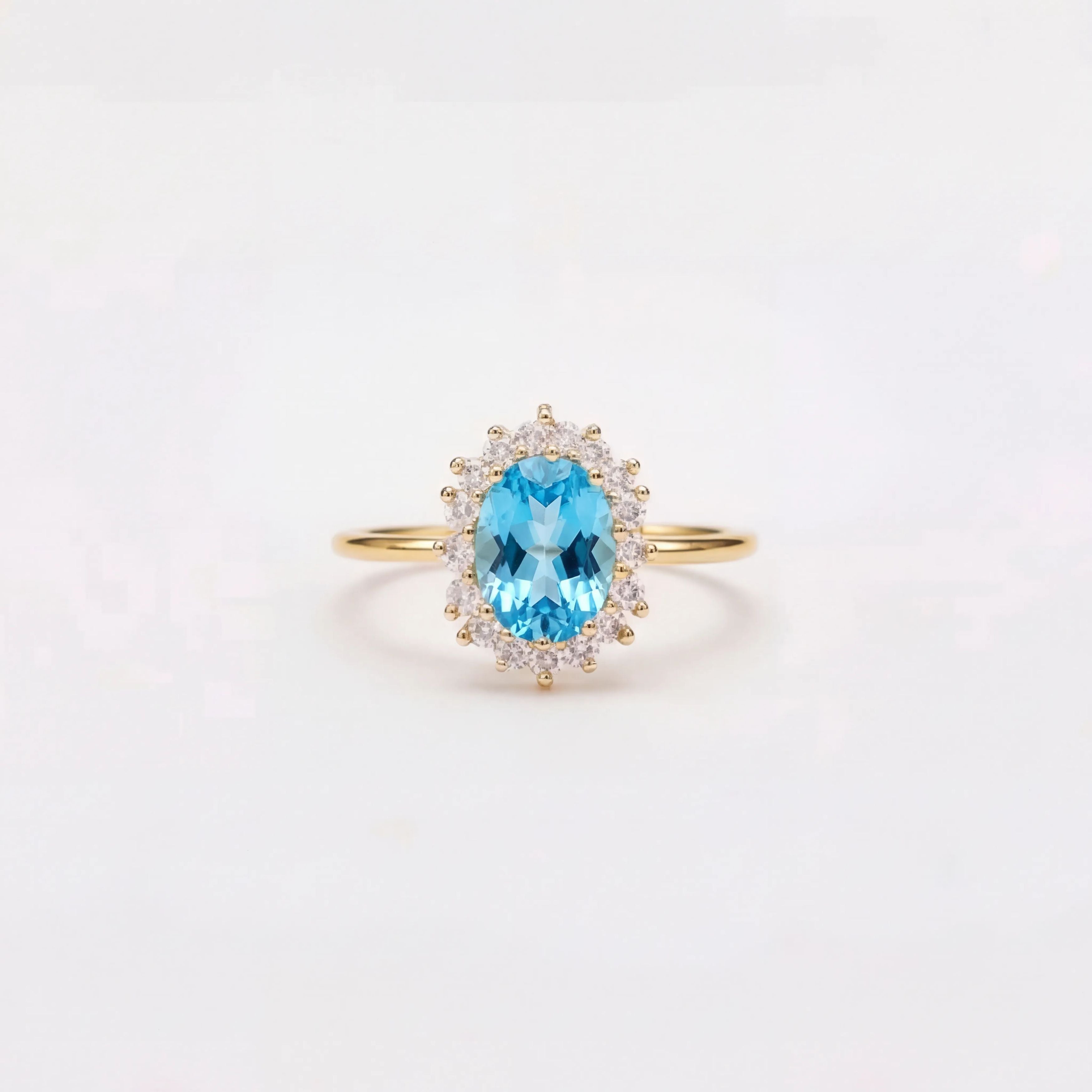 Aquamarine Blue Bud Halo Ring - Oval Brilliant